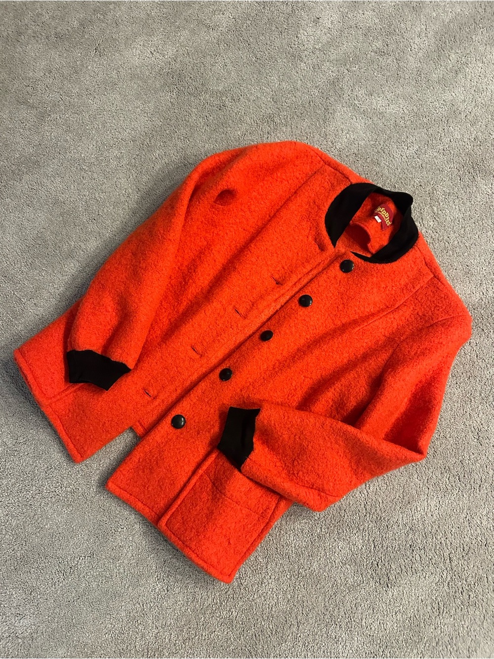 Women's Orange Bouclé Button-Up Coat with Black Trim, Car Coat